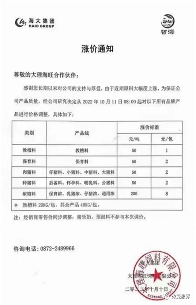 2022年10月饲料涨价信息 2022年10月饲料涨价信息