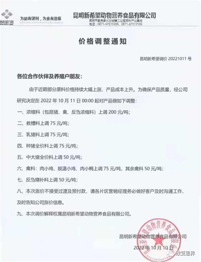 2022年10月饲料涨价信息 2022年10月饲料涨价信息